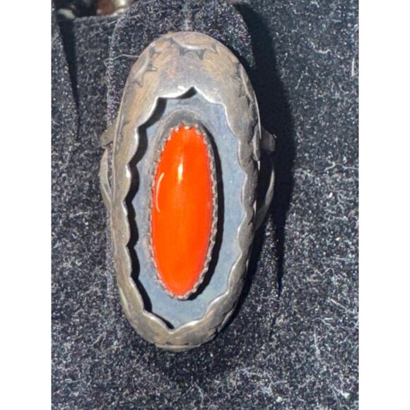 Shadow Box Coral Navajo Native American Sterling Silver Ring Size 7 - Picture 1 of 9